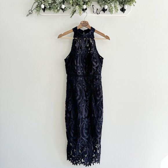 Bardot Isa Lace Dress In French Navy Halter Lined Size 4 - Picture 2 of 6